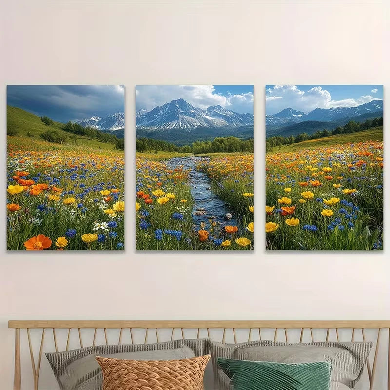 3pcs Vibrant Spring Landscape with River & Moun Wall Art Set Canvas Framed 40x60cm - High Quality Print 100% Australian Made Wall Canvas Ready to Hang - Bella Home Decor