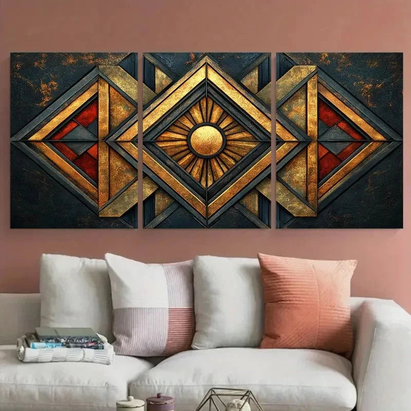 3pcs Geometric Elegant Ornamental Texture Design Metal Print Ready to Hang Art - Bella Home Decor