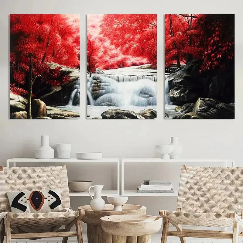 3pcs s Painting Red Forest Waterfalls Printing Metal Print Ready to Hang Art - Bella Home Decor