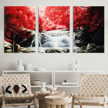 3pcs s Painting Red Forest Waterfalls Printing Metal Print Ready to Hang Art - Bella Home Decor