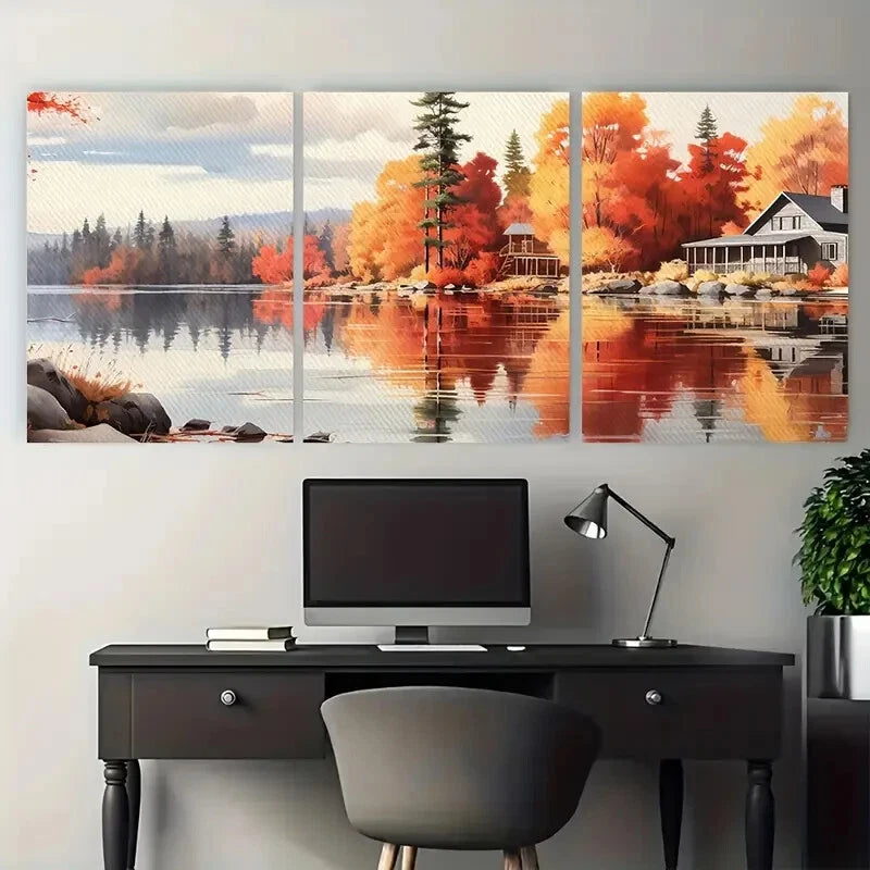 3pcs Autumn Cozy Cabin on The Lake Landscape Metal Print Ready to Hang Art - Bella Home Decor