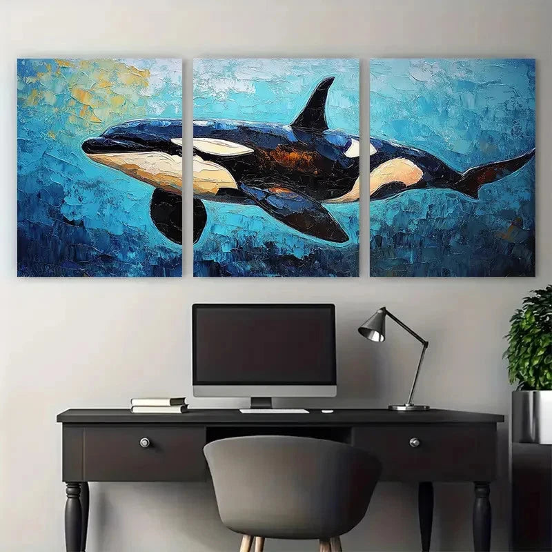 3pcs Orca Animal Whale Impasto Design Metal Print Ready to Hang Art - Bella Home Decor