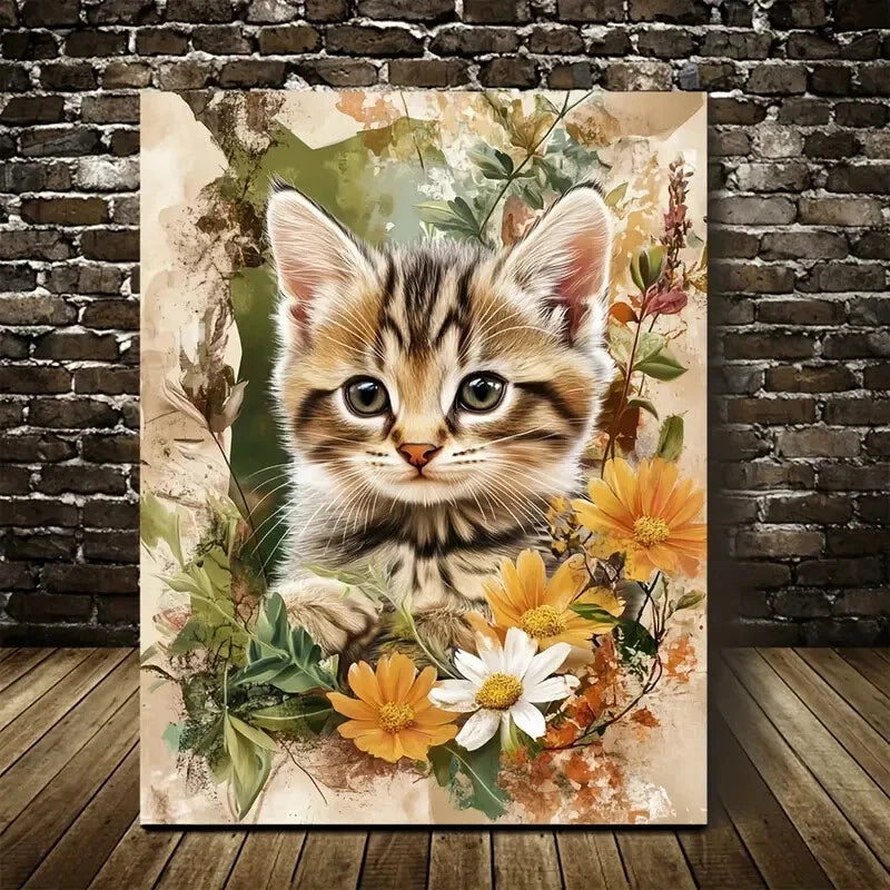 Adorable Tabby Kitten with Flowers & Plants Painting 40x60cm Metal Print Ready to Hang - Bella Home Decor
