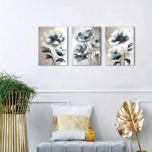 3pcs Abstract Blue and White Wildflower Metal Print Ready to Hang Art