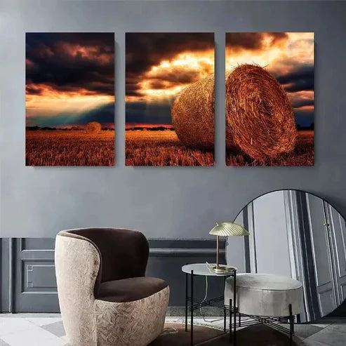 3pcs Sunset Hay Bales Golden Field Landscape Art Set Canvas Unframed - High Quality Print 100% Australian Made Wall Canvas