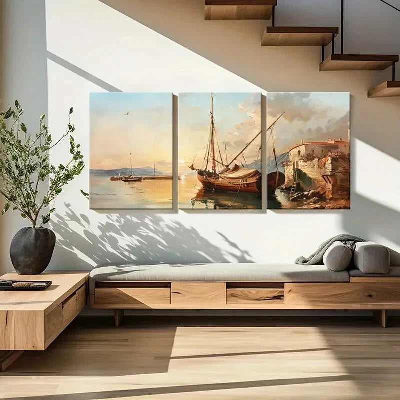 3pcs Maritime Scene Coastal Village Wooden Boat Metal Print Ready to Hang Art - Bella Home Decor
