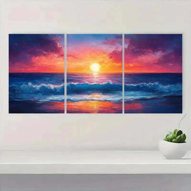3pcs Vibrant Abstract Seascape & Fiery Sky Metal Print Ready to Hang Art - Bella Home Decor