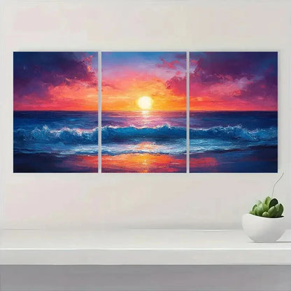 3pcs Vibrant Abstract Seascape & Fiery Sky Metal Print Ready to Hang Art - Bella Home Decor