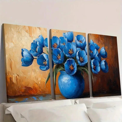 3pcs  Blue Tulips in a Vase  Impasto JK    Wall Art Set Canvas Framed 40x60cm - High Quality Print 100% Australian Made Wall Canvas Ready to Hang - Bella Home Decor