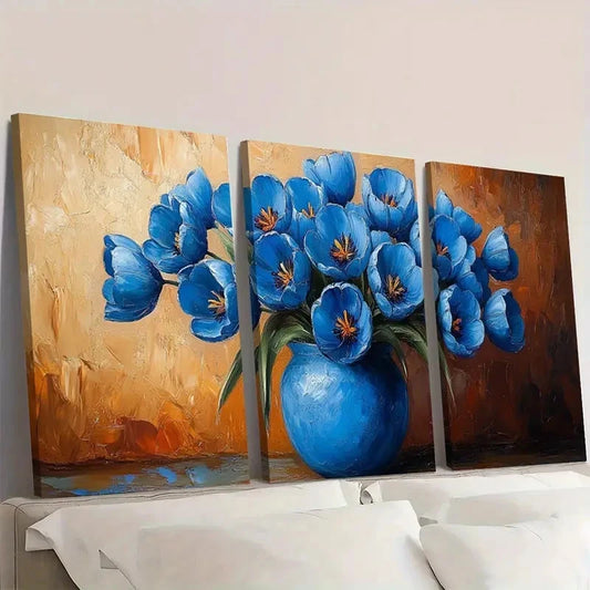 3pcs Blue Tulips in a Vase Impasto JK Wall Art Set Canvas Framed 40x60cm - High Quality Print 100% Australian Made Wall Canvas Ready to Hang