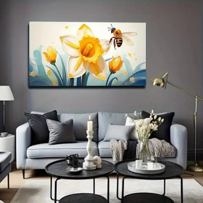 Vibrant Bee And Flower Wall Art Canvas Office Home Room Framed 120x60cm