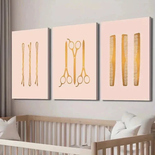 3pcs Hair Salon Hairpin Scissors Comb Wall Art Set Canvas Unframed - High Quality Print 100% Australian Made Wall Canvas