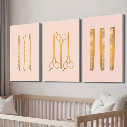 3pcs Hair Salon Hairpin Scissors Comb Wall Art Set Canvas Unframed - High Quality Print 100% Australian Made Wall Canvas