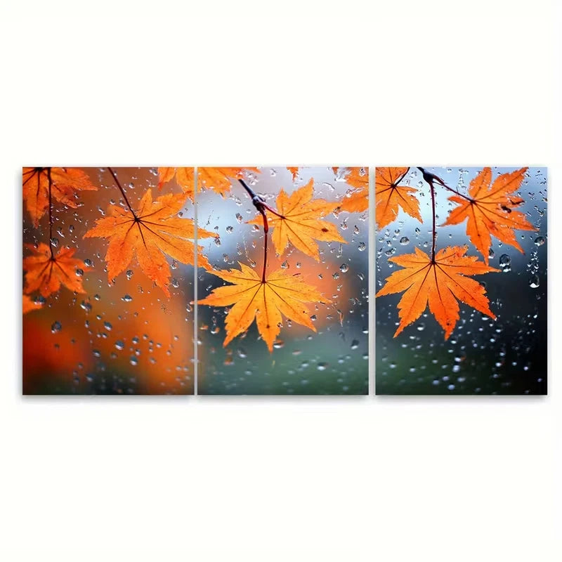 3pcs Autumn Rainfall Orange Maple Leaves Metal Print Ready to Hang Art - Bella Home Decor