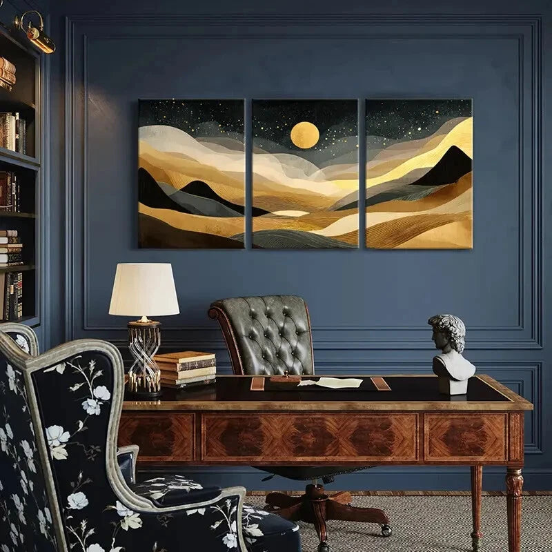 3pcs Abstract Landscape Art Golden Moon Wavy Lines Metal Print Ready to Hang Art - Bella Home Decor