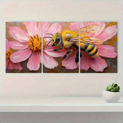3pcs Vibrant Honeybee and Pink Flower Impasto Metal Print Ready to Hang Art - Bella Home Decor