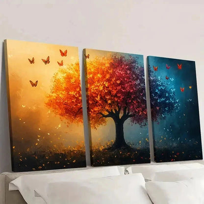 3pcs Vibrant Autumn & Winter Butterfly Tree Wall Art Set Canvas Framed 60x90cm - High Quality Print 100% Australian Made Wall Canvas Ready to Hang