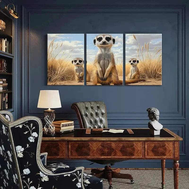 3pcs Meerkat Nature Landscape Abstract Animal Metal Print Ready to Hang Art - Bella Home Decor