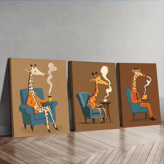 3pcs The giraffe is on the chair Wall Art Set Canvas Framed 40x60cm - High Quality Print 100% Australian Made Wall Canvas Ready to Hang