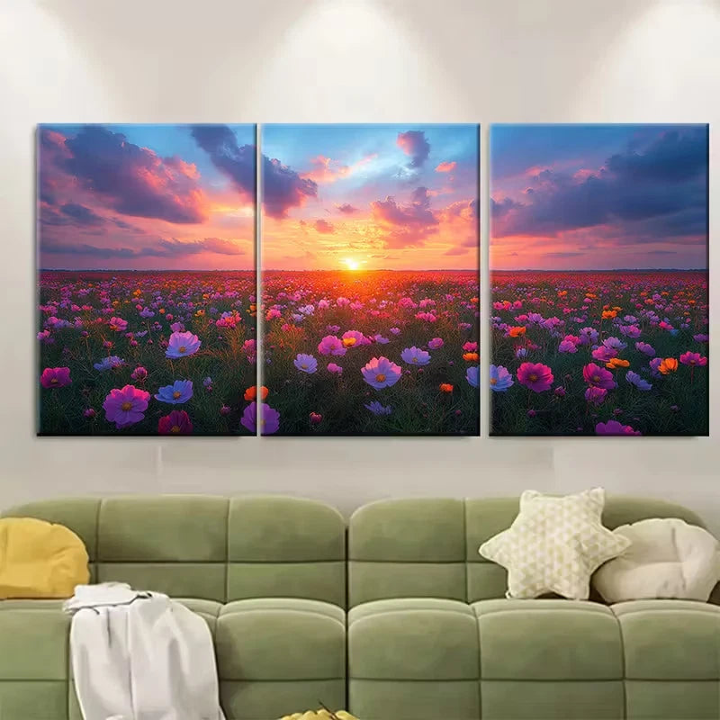 3pcs Vibrant Sunset Cosmos Meadow Metal Print Ready to Hang Art