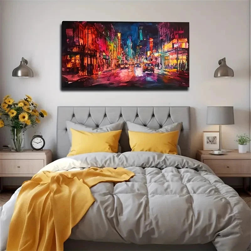 Vibrant Neon-Lit Street Scene Wall Art Canvas Office Home Room Framed 120x60cm