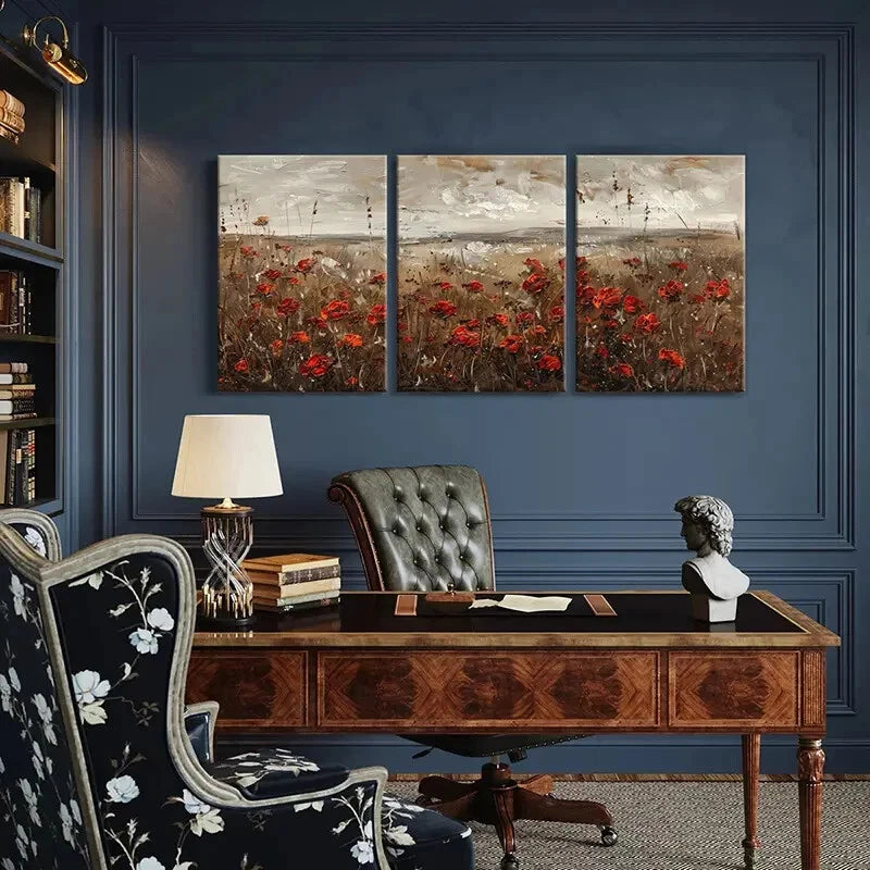 3pcs Abstract Landscape Art Red Poppies Metal Print Ready to Hang Art - Bella Home Decor
