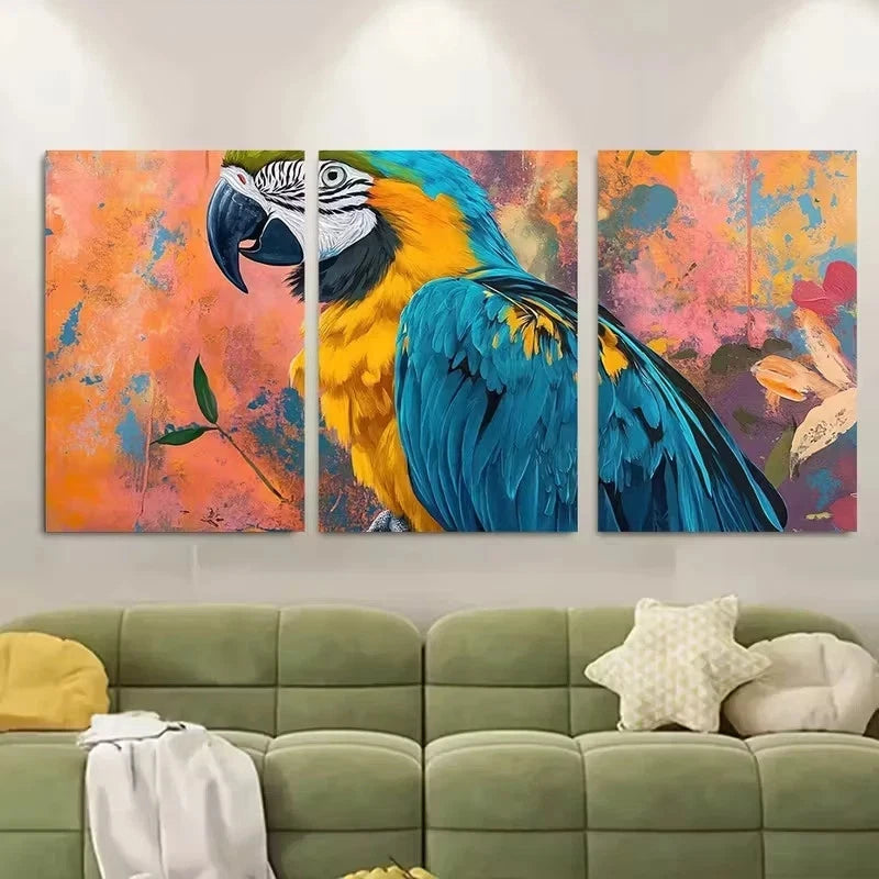 3pcs Vibrant Blue And Yellow Macaw Wall Art Set Canvas Framed 50x70cm - High Quality Print 100% Australian Made Wall Canvas Ready to Hang