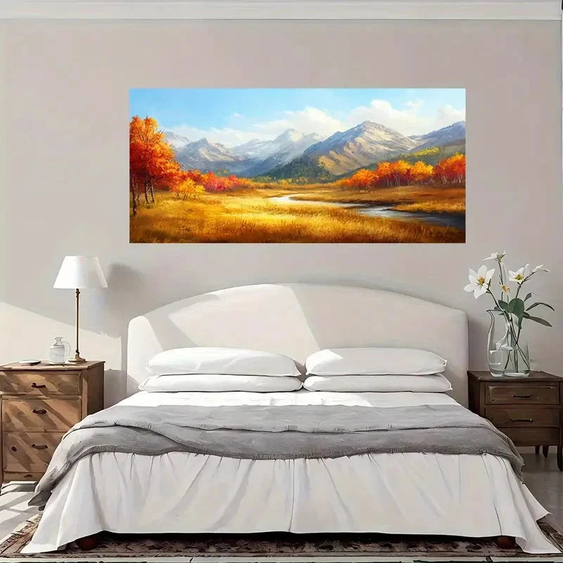 Autumn Mountain River Wall Art Canvas Office Home Room Framed 120x60cm