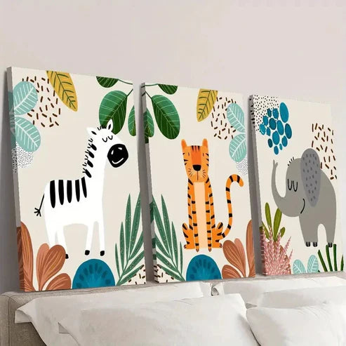 3pcs Zebra and lion elephant, watercolor style Wall Art Set Canvas Unframed - High Quality Print 100% Australian Made Wall Canvas