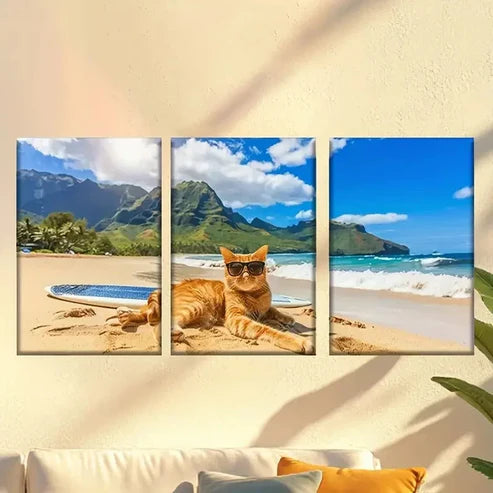 3pcs cat laying on the beach Wall Art Set Canvas Unframed - High Quality Print 100% Australian Made Wall Canvas - Bella Home Decor