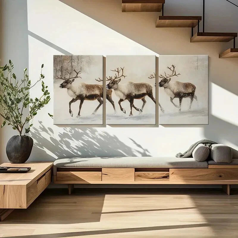 3pcs Winter Reindeer Art Snowy Landscape Metal Print Ready to Hang Art - Bella Home Decor