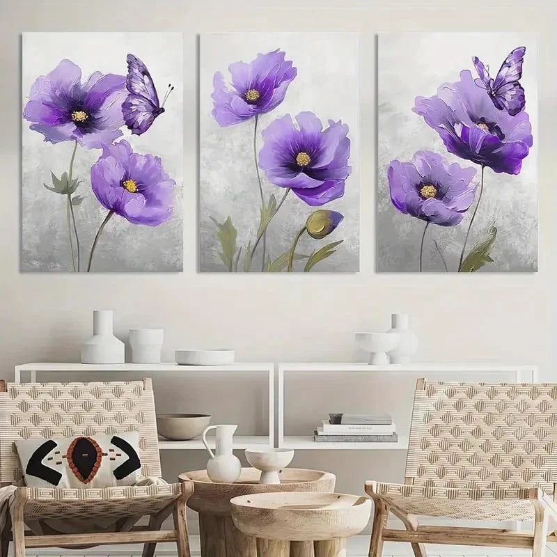 3pcs Flower Poppy Blossom Picture Painting Metal Print Ready to Hang Art - Bella Home Decor