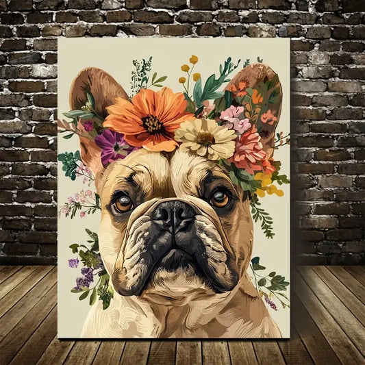 Flowers And Plants Cute Bulldog Dog Painting 40x60cm Metal Print Ready to Hang - Bella Home Decor