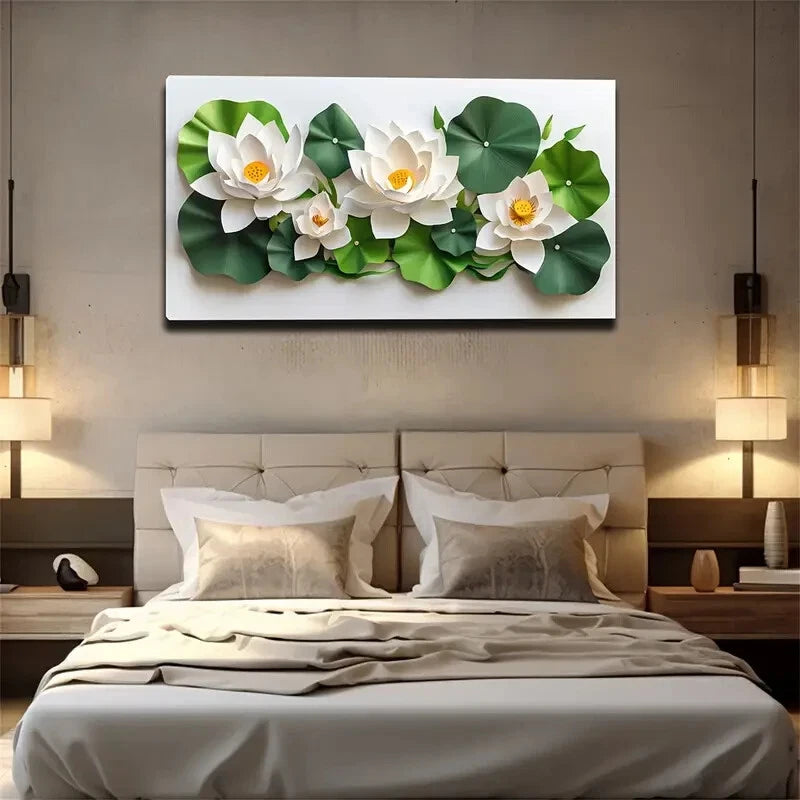 White for Lotus & Green Leaves Wall Art Canvas Office Home Room Framed 120x60cm - Bella Home Decor