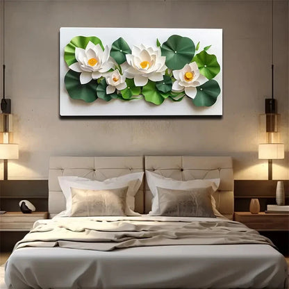White for Lotus & Green Leaves Wall Art Canvas Office Home Room Framed 120x60cm - Bella Home Decor