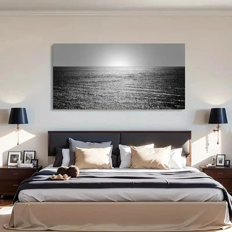 Ocean Monochrome Modern Wall Art Canvas Office Home Room Framed 120x60cm
