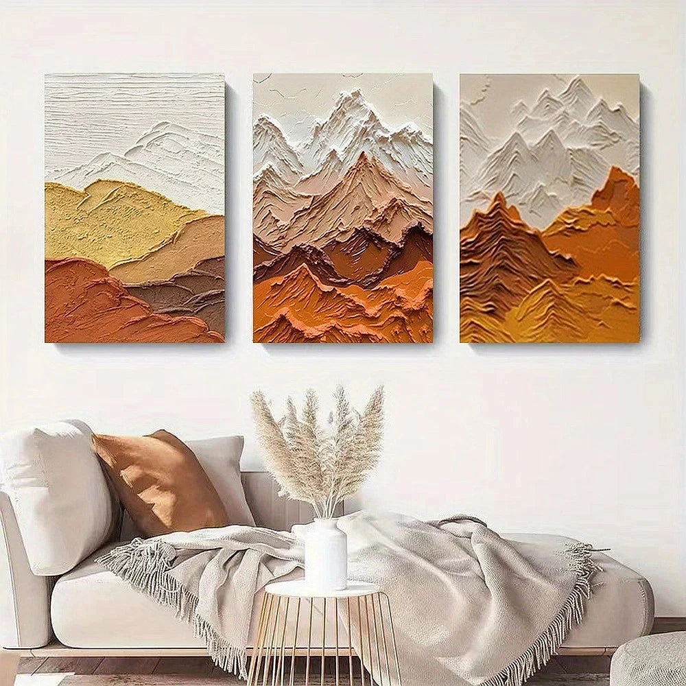 3pcs Abstract Mountain Earth Tone Geometric Metal Print Ready to Hang Art - Bella Home Decor
