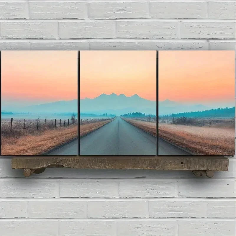 3pcs The Road Under Sunset Glow Metal Print Ready to Hang Art - Bella Home Decor