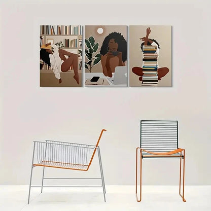 3pcs African American Woman Reading Books Metal Print Ready to Hang Art - Bella Home Decor