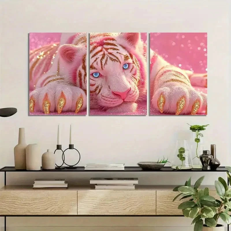 3pcs Cute White Tiger in Pink Background Metal Print Ready to Hang Art - Bella Home Decor