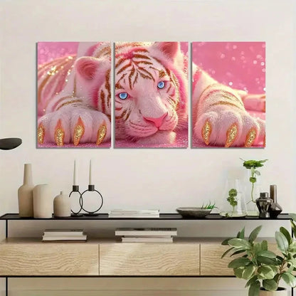 3pcs Cute White Tiger in Pink Background Metal Print Ready to Hang Art - Bella Home Decor