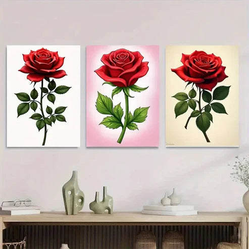 3pcs Elegant Red Rose Triptych Classic & Glam Wall Art Set Canvas Unframed - High Quality Print 100% Australian Made Wall Canvas