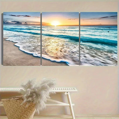 3pcs Ocean Waves at Sunrise Vintage Wall Art Set Canvas Framed 60x90cm - High Quality Print 100% Australian Made Wall Canvas Ready to Hang