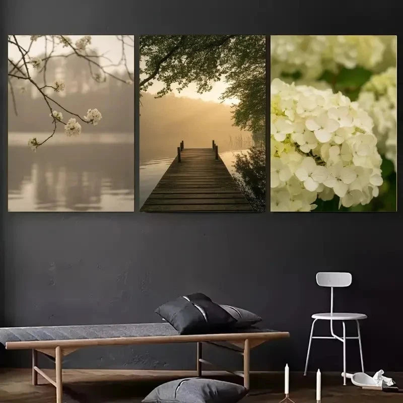 3pcs Cherry Blossom Wooden Pier Hydrangea Metal Print Ready to Hang Art - Bella Home Decor