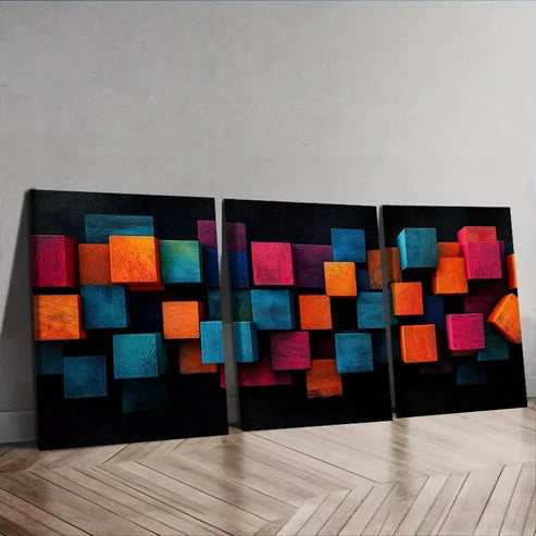 3 PCS Art Deco Modern Colorful Cubes Wall Art Set Canvas Unframed - High Quality Print 100% Australian Made Wall Canvas