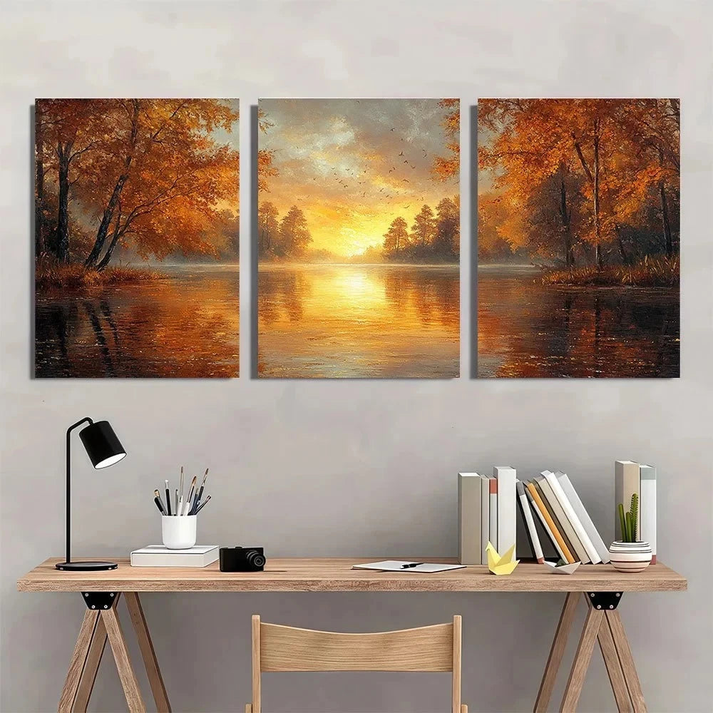 3pcs River Sunset Trees Scenery Metal Print Ready to Hang Art - Bella Home Decor