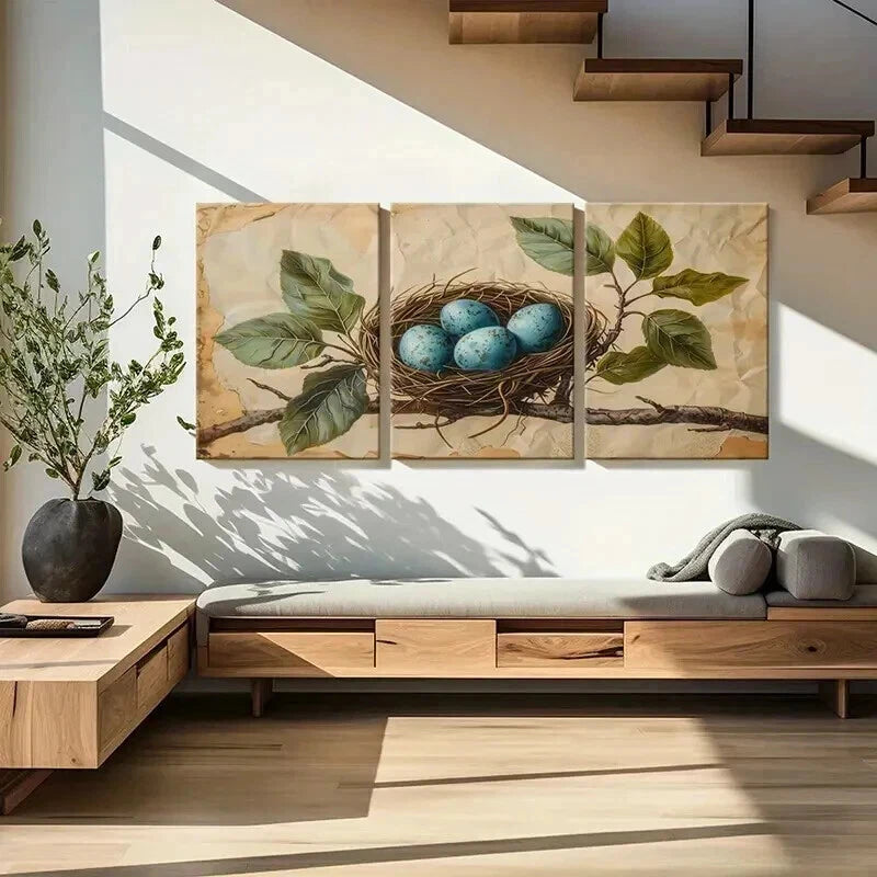 3pcs Bird's Nest Blue Eggs Green Leaves Wall Art Set Canvas Framed 40x60cm - High Quality Print 100% Australian Made Wall Canvas Ready to Hang - Bella Home Decor