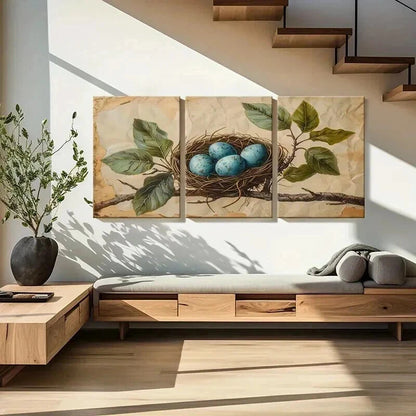 3pcs Bird's Nest Blue Eggs Green Leaves Wall Art Set Canvas Framed 40x60cm - High Quality Print 100% Australian Made Wall Canvas Ready to Hang - Bella Home Decor