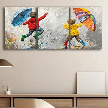3pcs Playing on Rainy Day Scene Wall Art Set Canvas Framed 40x60cm - High Quality Print 100% Australian Made Wall Canvas Ready to Hang