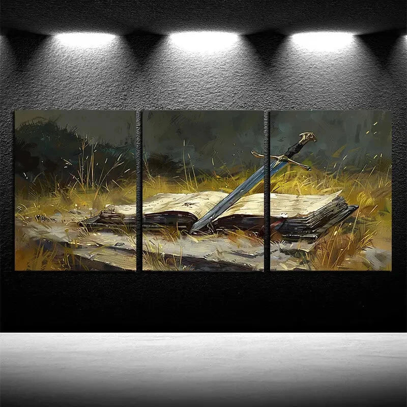 3pcs Slender Sword & Book Design, Lush Green Grass Metal Print Ready to Hang Art - Bella Home Decor